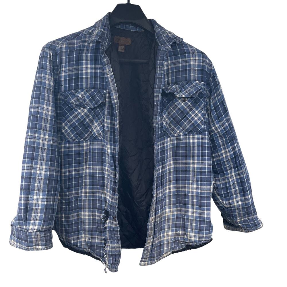 VTG 90s Blue Plaid Quilted Shirt Jacket Shacket Flannel Insulated Grunge Thrash
